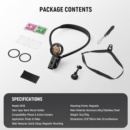 NEEWER Magnetic Neck Holder for Action Camera & Phone, Hands Free Neck Mount with Chest Strap Compatible with GoPro DJI Insta360 iPhone, Neck Phone Holder for POV Vlog Video Recording, GP26