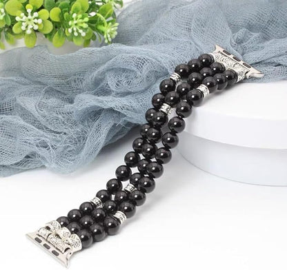 Black Agate Bracelet Compatible for Apple Watch Band 40mm/38mm/41mm Series 9 8 7 SE Series 6/5/4 Women Fashion Natural Gemstone Handmade Stretchy Watch Strap (42mm/44mm/45mm)