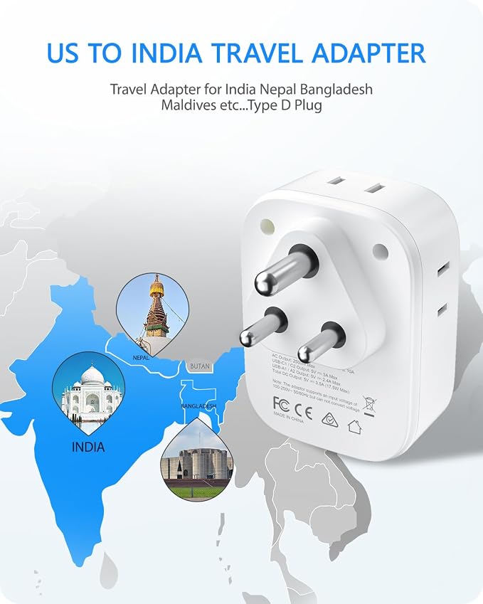 LENCENT US to India Power Plug Adapter, Indian Travel Adapter | 4 Outlets, 4 USB Ports(2 USB C), Type D Plug Converter for USA to India Nepal Bangladesh Maldives Pakistan, Safe Grounded