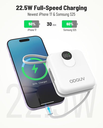 Small Portable Charger with Built-in Cables,22.5W Fast Charging Power Bank,USB-C Mini Battery Pack 10000mAh,Travel Essential Powerbank for iPhone Samsung Android MacBook iPad,White
