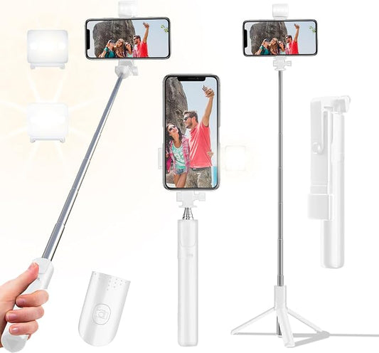 Selfie Stick Tripod, 40 in Retractable Tripod for iPhone with Wireless Remote Control & Light, Portable Phone tripods for Photograph, Live Streaming, Video Recording, Compatible with All Cellphones