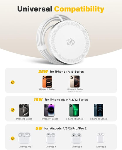 25W Wireless Charger for MagSafe, Qi2.2 Magnetic Fast Charging Pad for iPhone 17/16/15/14/13/12 Series & AirPods, Strong Magnet, Portable Wireless Charger for Travel Home Office (White, 2Pack(10FT))