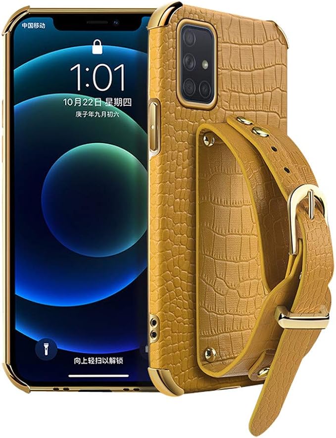 Leather Case Compatible with Samsung Galaxy A71 4G Phone Cases with Adjustable PU Wrist Strap Kickstand TPU Bumper Cover Shockproof Protective Running Armband Cool 6D Plating Shell(Yellow)