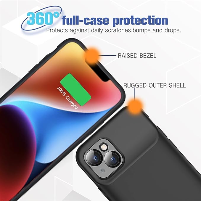 Battery Case for iPhone 14, Full Encircle 7000mAh Ultra-Slim Rechargeable Smart Portable Charging Cover Extended Battery Pack Compatible with iPhone 14 (6.1 inch) Charger Case Support Carplay-Black