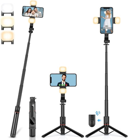 UTEBIT Phone Tripod & Selfie Stick with Light & Remote, 42" Extendable Selfie Stick Cell Phon Travel Tripod Stand Compatible with iPhone Android, Camera, 360° Rotation & Wireless Remote Control, Black