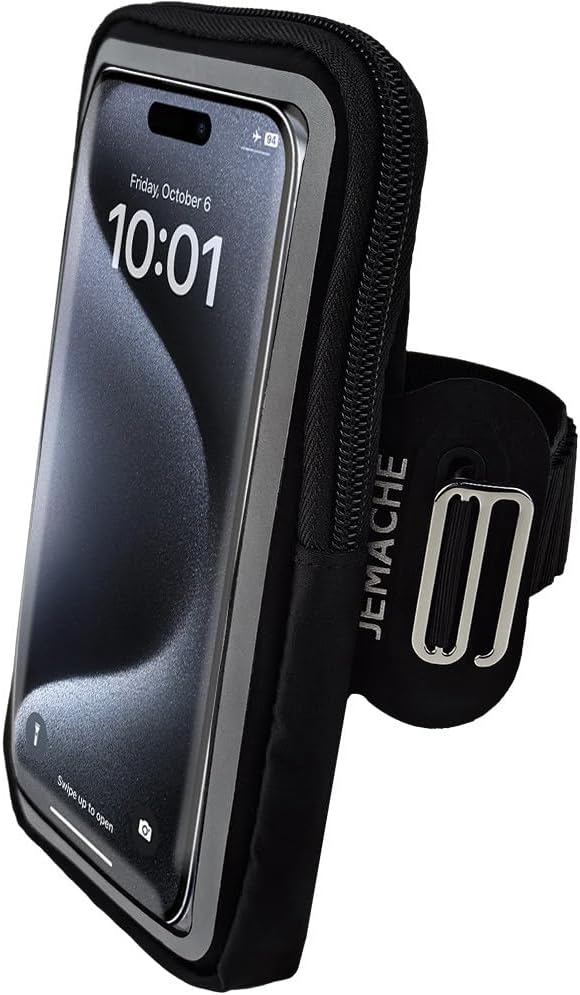 JEMACHE Running Armband for iPhone 17 16 15 14 13 Pro Max/Plus, Samsung Galaxy S26 S25 S24 Ultra/Plus, G Buckle Workouts Phone Arm Band Bag (Black, L)