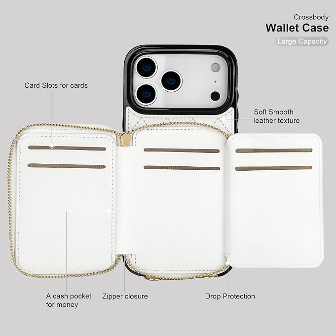 Bocasal Crossbody Wallet Case for iPhone 17 Pro Max, RFID Blocking PU Leather Zipper Handbag Purse Flip Cover, Kickstand Folio Case with Card Slots Holder Wrist Strap Lanyard 5G 6.9 Inch (White)