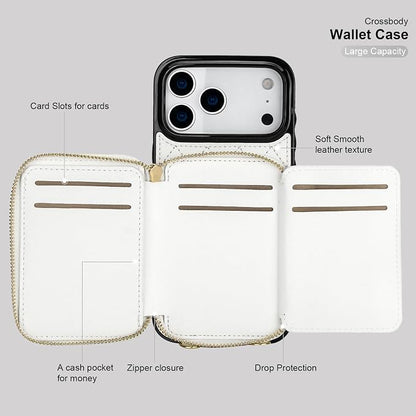 Bocasal Crossbody Wallet Case for iPhone 17 Pro Max, RFID Blocking PU Leather Zipper Handbag Purse Flip Cover, Kickstand Folio Case with Card Slots Holder Wrist Strap Lanyard 5G 6.9 Inch (White)