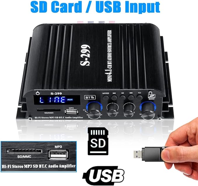 4.1 Channel Home Audio Amplifier Receiver, Bluetooth 5.0 Mini Amp with Subwoofer Output, RMS 4x50W MAX 800W for Home Theater/Car- USB/SD/AUX Input, for Passive Speakers and Active subwoofer