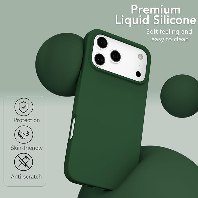 for iPhone 17 Pro Max Case Silicone Compatible with Magsafe Case, Ultra Slim Thin Magnetic Phone Cases Mag Safe, Cute Soft Rubber Gel Matte Plain Wireless Charging Cover for Women, Dark Green