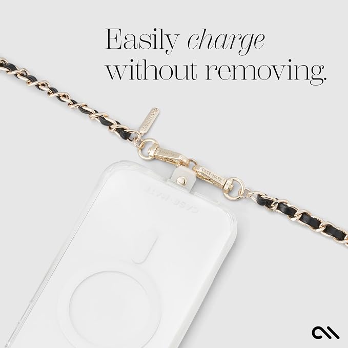 Case-Mate Crossbody Phone Lanyard [Works with All Phones] Hands-Free Strap - Leather Cell Phone Charm - Neck Chain Holder for iPhone 17 Pro Max/16 Pro Max/15/14/13/S26 Ultra - Gold Chain Black Leather