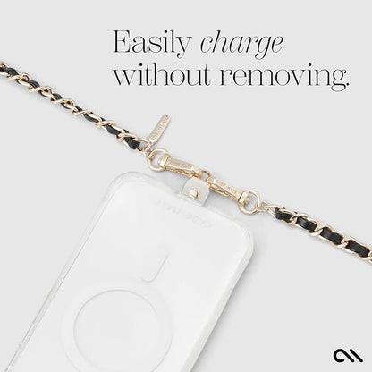 Case-Mate Crossbody Phone Lanyard [Works with All Phones] Hands-Free Strap - Leather Cell Phone Charm - Neck Chain Holder for iPhone 17 Pro Max/16 Pro Max/15/14/13/S26 Ultra - Gold Chain Black Leather