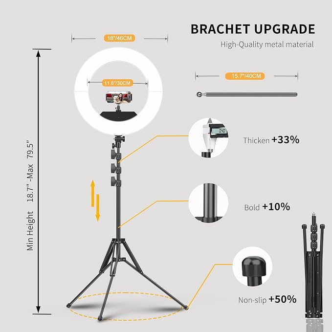 55W18 45cm Ring Light Kit [New Version] 6700K Dimmable LEDRinglightTripod Stand Dual Phone Holder for iPhone Selfie Makeup LashTattoo Studio Lighting Painting,Photo Video Recording (White)