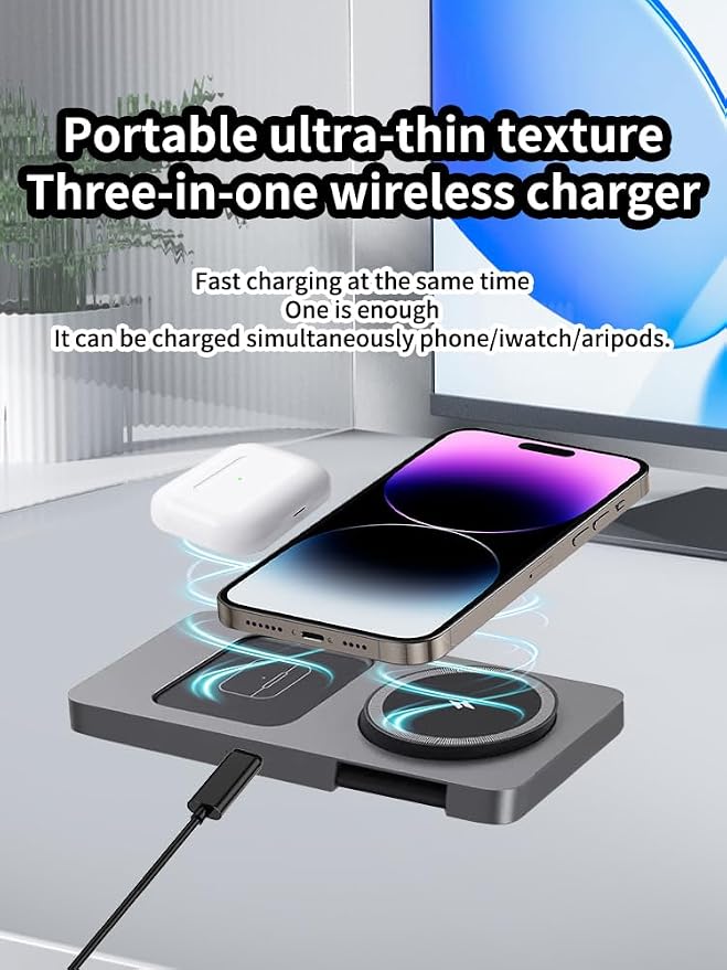 3 in 1 Wireless Charging Station for iPhone 17 16 15 14 13 12, Apple Watch 10 9 8 7 6 5 4 3 2 SE Ultra, AirPods 4 3 2 Pro, 15W Fast Charger Stand (Gray)