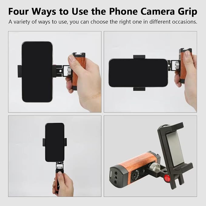 Foldable Smartphone Grip Mount with Wrist Strap, Compatible with 1/4” Standard Screw Selfie Stick for Tripod and Cold Shoe Port for Fill Light and Microphone, Compatible with All Smartphones