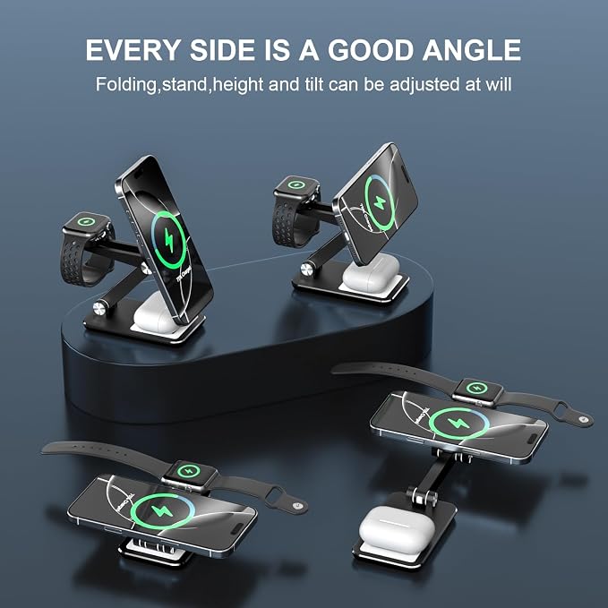 Wireless Charger 3 in 1,Foldable Wireless Charging Station for Apple MagSafe Charger,Aluminum Portable Magnetic Travel Charger Stand for iPhone,Watch,Aipods (with 20W Adapter & Case)