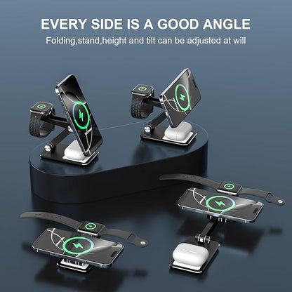 Wireless Charger 3 in 1,Foldable Wireless Charging Station for Apple MagSafe Charger,Aluminum Portable Magnetic Travel Charger Stand for iPhone,Watch,Aipods (with 20W Adapter & Case)