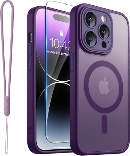 ROYBENS for iPhone 14 Pro-Max Matte Clear Case Compatible with Magsafe, Full Camera Lens Protection, Screen Protector, Wrist Strap, Translucent Magnetic Slim Hard Protective Phone Cover, Purple