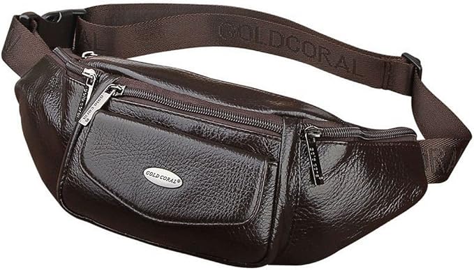 Hebetag Leather Fanny Pack Waist Bag for Men Women Slim Bumbag Waist Packs Outdoor Travel Hiking Casual Pouch Day Pack, Coffee