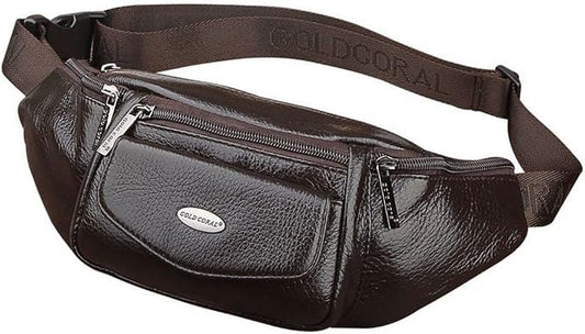 Hebetag Leather Fanny Pack Waist Bag for Men Women Slim Bumbag Waist Packs Outdoor Travel Hiking Casual Pouch Day Pack, Coffee
