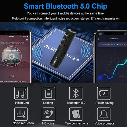 Bluetooth Audio Adapter, Portable Noise Cancelling Bluetooth 5.0 Stereo Receiver, Mini 3.5mm Wireless Aux Adapter for Wired Headphones Car/Home Stereo System, Hands-Free Calling & Music Playing