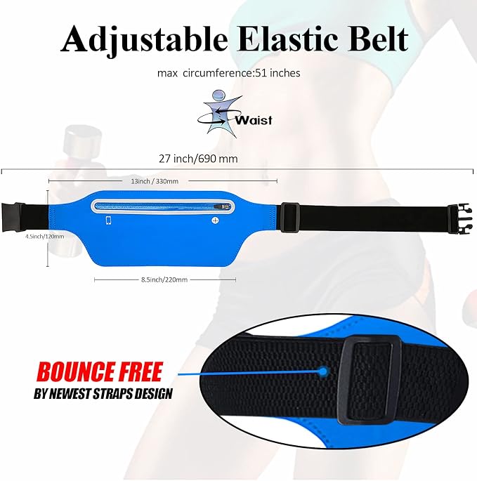 Fanny Packs for Women,Waterproof Fanny Pack for Men,Adjustable Running Belt Waist Pack Slim Expandable Pocket Belt,iPhone Running Holder Cell Phone Elastic Waist Pouch Bag for Galaxy Blue