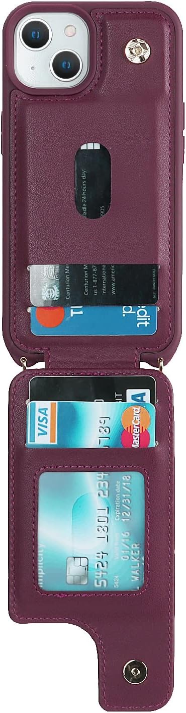 Lipvina for iPhone 14 Plus Case with Card Holder and Strap for Women,Crossbody Lanyard,RFID Blocking,Stand Ring Kickstand,Snap Clasp,Phone Wallet Cases 6.7 inch(Wine Red)