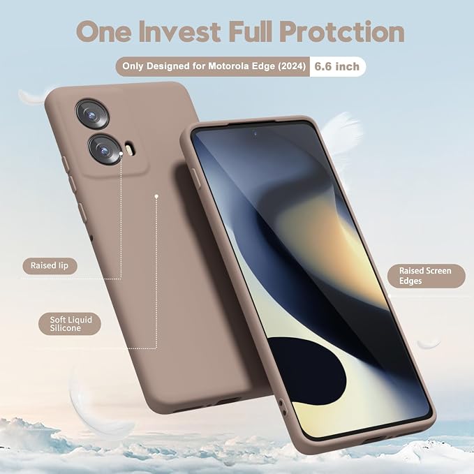 oakxco for Motorola Moto Edge 2024 Phone Case Liquid Silicone, Thin Slim Soft Rubber Gel TPU Plain Protective Simple Cover for Women Girl Cute, Matte Solid Color Aesthetic, Brown Khaki