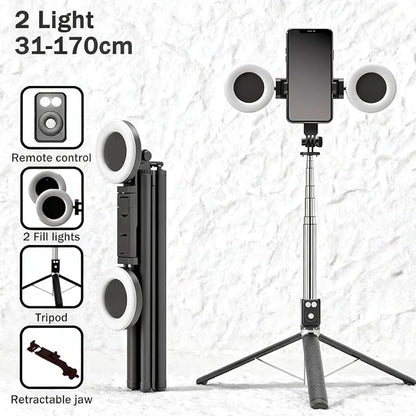 Black Tripod for iPhone with Light, Ring Light Holder for iPhone, Adjustable Selfie Stick Stand with Fill Light, Extendable Phone Tripod for Video Recording, Live Streaming, and Photography