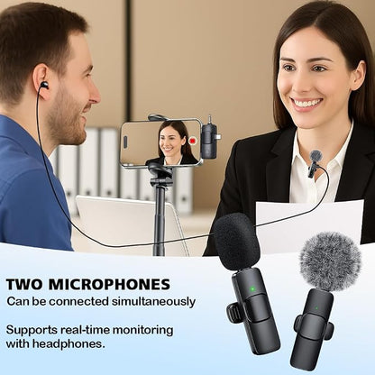 Mini Microphone,3 in 1 Wireless Lavalier Microphones for iPhone/iPad/Android/Camera(Lightning/USB/3.5 mm Jack),2 Pack Bluetooth Microphone with on Mute/Noise for Video Recording Vlog,Youtube,Tiktok