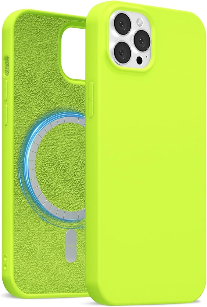for iPhone 12/12 Pro Case Silicone Compatible with Magsafe Case, Ultra Slim Thin Magnetic Phone Cases Mag Safe, Cute Soft Rubber Gel Matte Plain Wireless Charging Cover for Women, Neon Green