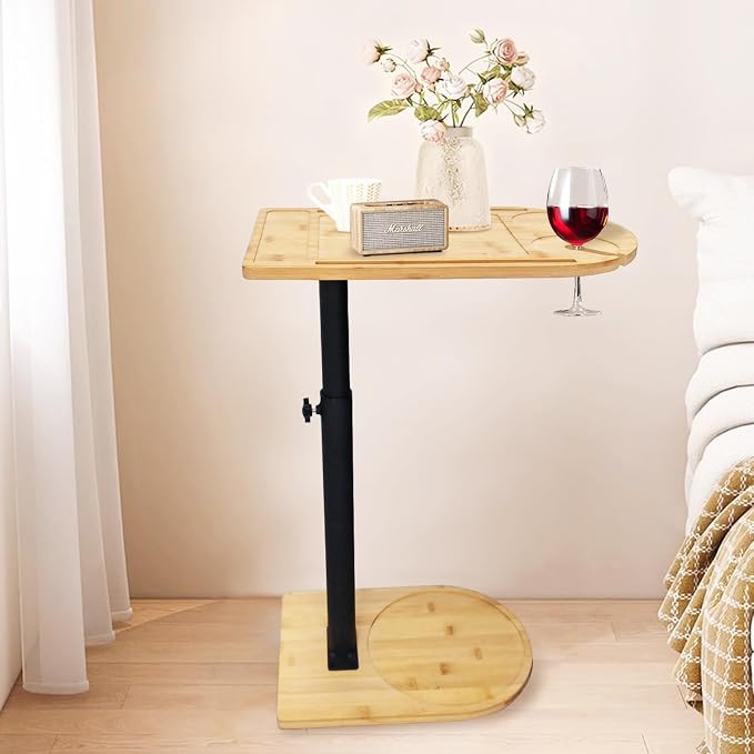C Shaped End Table for Couch,360° Swivel Height Adjustable Couch Side Table,Thickened Base Plate,Sofa Tray with Cell Phone & Tablet Slot,C-Shaped Drink Table for Sofa/Bed/Bathtub