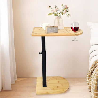 C Shaped End Table for Couch,360° Swivel Height Adjustable Couch Side Table,Thickened Base Plate,Sofa Tray with Cell Phone & Tablet Slot,C-Shaped Drink Table for Sofa/Bed/Bathtub