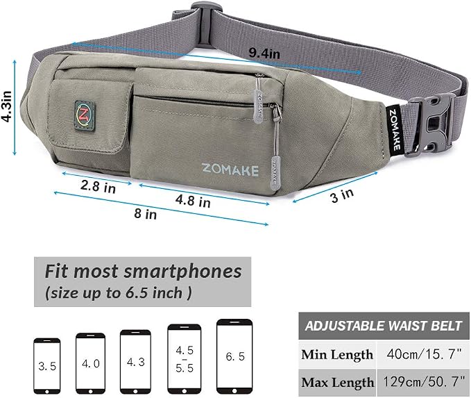 ZOMAKE Small Crossbody Fanny Pack for Women Men, Runner Belt Bag with Adjustable Strap, Water Resistant Waist Bag for Running