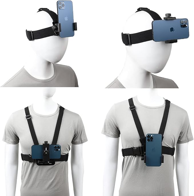 PellKing Mobile Phone Chest Strap Harness Mount Head Strap Holder Kit for POV/VLOG,Cell Phone Clip Compatible with iPhone,Samsung,GoPro Hero 9, 8,7, 6, 5, 4, 3,2, 1,AKASO,DJI Osmo,and Action Cameras…