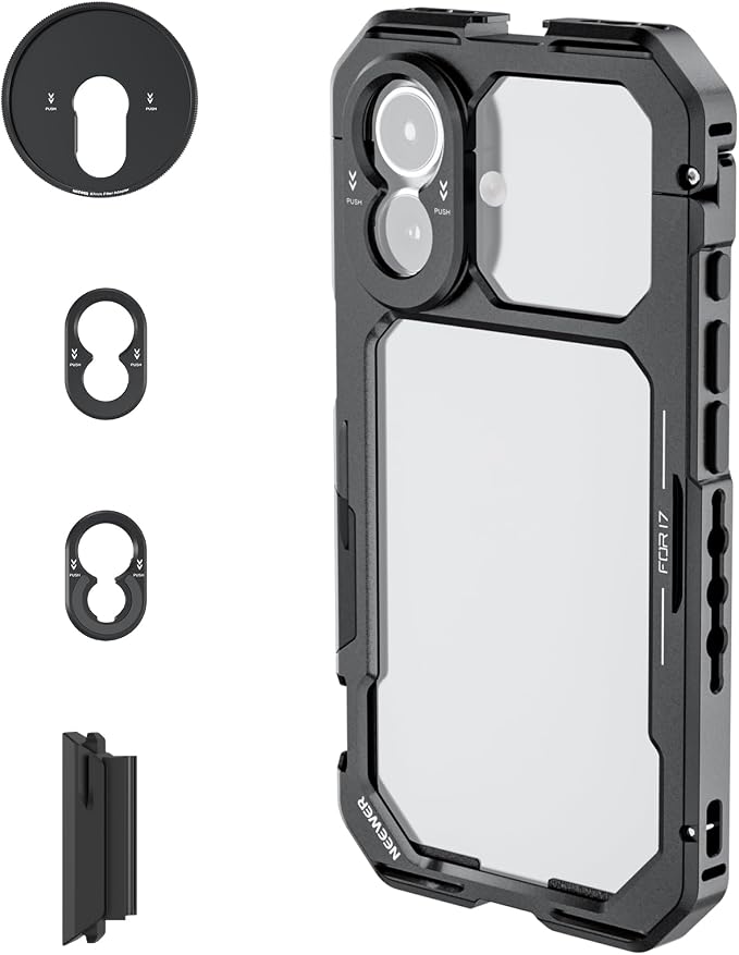 NEEWER Phone Cage Compatible with iPhone 17 Only, Quick Release Video Rig Stabilizer Accessories Kit with 67mm Filter Ring, 17mm Lens Backplate, T Mount Adapter, Camera Control Cap, PA158 (Black)