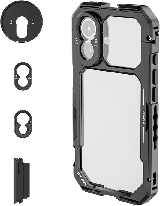 NEEWER Phone Cage Compatible with iPhone 17 Only, Quick Release Video Rig Stabilizer Accessories Kit with 67mm Filter Ring, 17mm Lens Backplate, T Mount Adapter, Camera Control Cap, PA158 (Black)