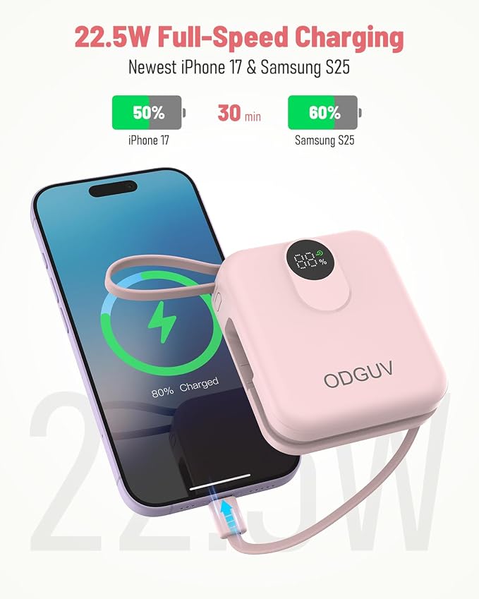 Small Portable Charger with Built-in Cables,22.5W Fast Charging Power Bank,USB-C Mini Battery Pack 10000mAh,Travel Essential Powerbank for iPhone Samsung Android MacBook iPad,Pink