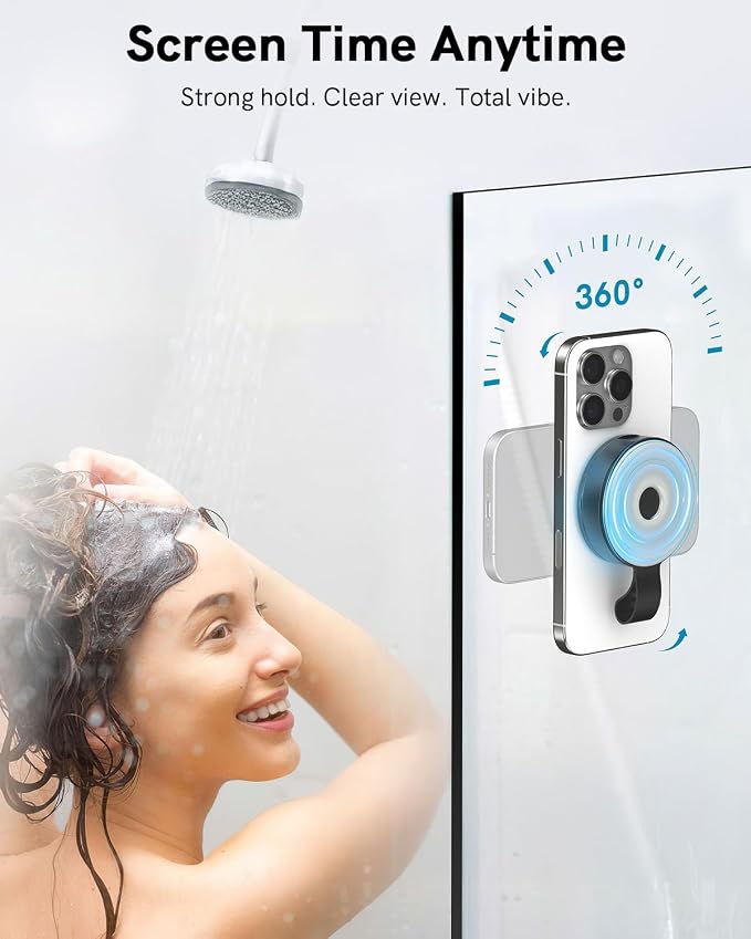 MiiKARE UniGrip Upgraded Shower Mirror Phone Holder | Portable Hands-Free Magnetic Suction Cup Mount | Universal Dual Grip Cellphone Holder for Shower, Mirror, Kitchen, Black