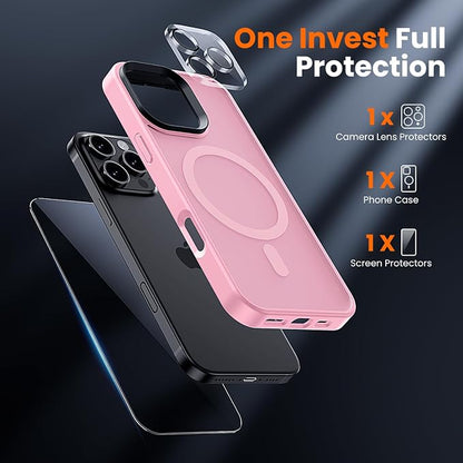 3 in 1 for iPhone 16 Pro Max Case with MagSafe, Screen Protector*1 Camera Lens Protector*1,Skin Feeling Back Military-Grade Protection for iPhone 16 Pro Max Phone Case 6.9 inch Pink