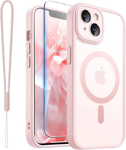 ROYBENS for iPhone 14 Matte Clear Case Compatible with Magsafe, Full Camera Lens Protection, Screen Protector, Wrist Strap, Translucent Magnetic Slim Hard Protective Phone Cover, Pink