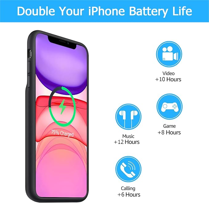Battery Case for iPhone 11, [10000mAh] Enhanced Rechargeable Portable Protective Qi Wireless Charger Case Pack Support CarPlay Wireless Charging Case Compatible with iPhone 11 (6.1 inch)-Black