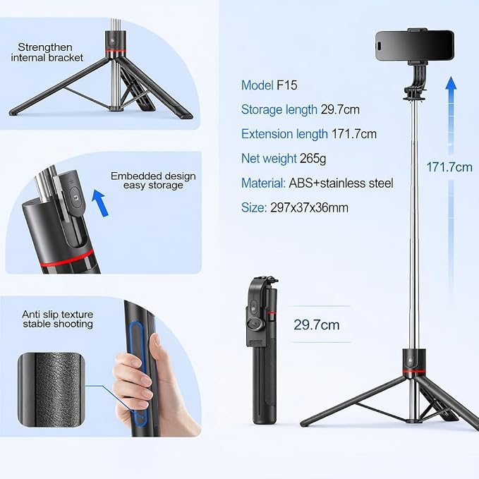 67" Detachable Phone Tripod Selfie Stick, Extendable Portable Cell Phone Stable Camera Easy Selfie Tripod Stand, with Wireless Remote, Ideal for Travel & Photos Recording/Video Vlogging, Big Tripod