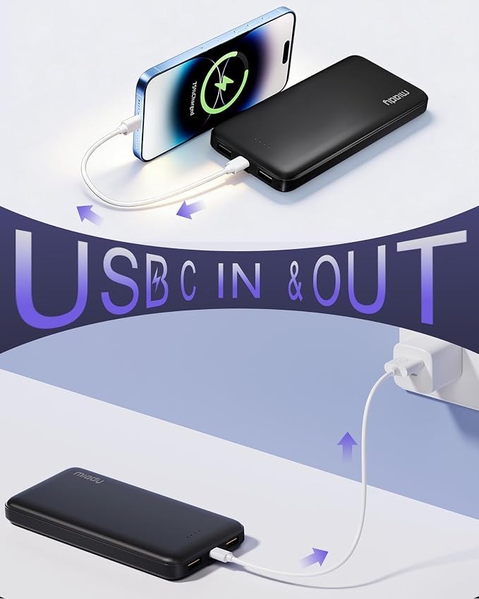 Miady 2-Pack Portable Charger, Slim 10000mAh Power Bank Travel Battery Pack | Dual USB丨3 Outputs 2 Inputs丨for Backpack Travel Camping丨Slim丨Compatible with iPhone Android etc丨Flight-Safe丨37Wh丨Black+Black