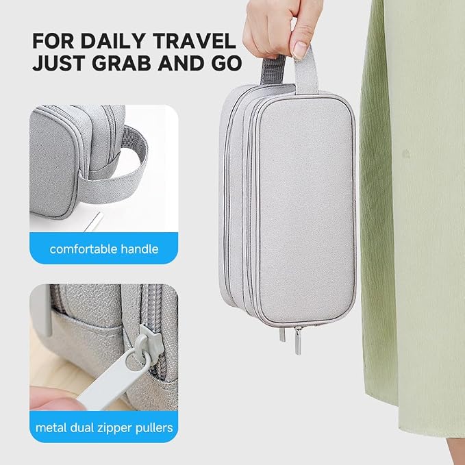 Teskyer Double Layer Cable Organizer Bag, Travel Tech Pouch, Light Grey | Elastic Bands Organization, Water Resistant Fabric, Multiple Compartments, Padded Protection, Travel and Office Use