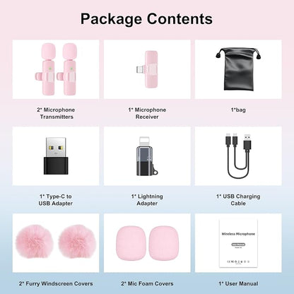 PoP voice Pink Wireless Lavalier Microphone for iPhone/Android - Mini Clip-On Mic with Noise Cancellation, 65ft Range, 12H Battery, Lapel Mic for Record Video, Podcast Vlog Content Creator Interview