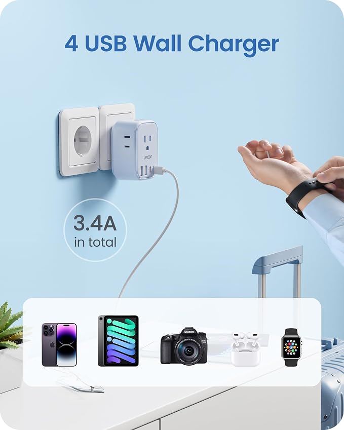 LENCENT European Travel Plug Adapter US to Europe Type-C Foldable Plug | with 4 Outlets 4 USB Ports (2 USB C), Power Adaptor for USA to EU Euro Iceland Spain Italy France Germany Greece, Blue
