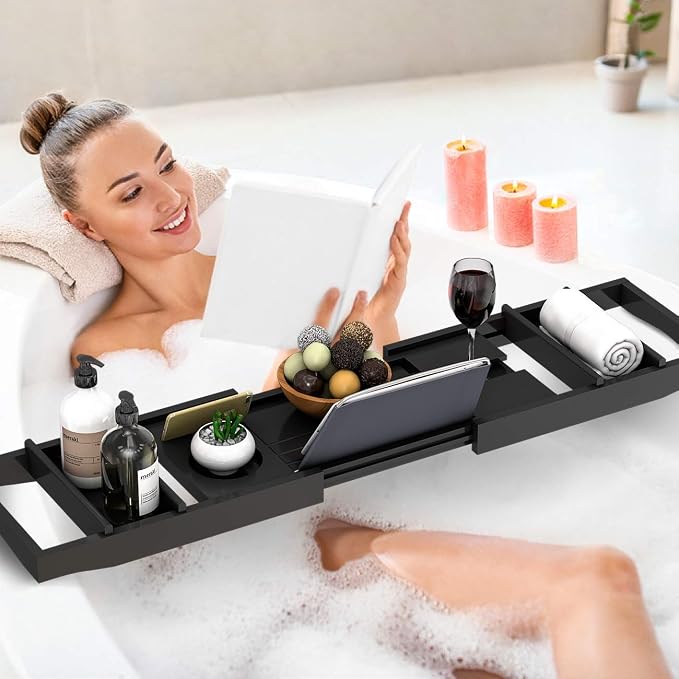 Domax Bathtub Caddy Tray Expandable Bamboo Tub Tray for Luxury Bath with Book Holder and Free Soap Dish Black
