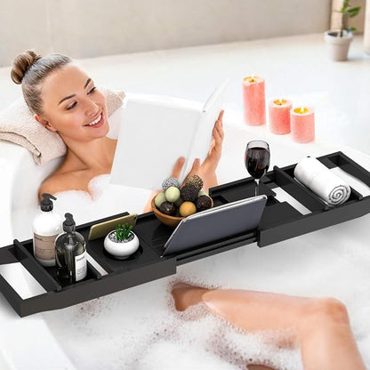 Domax Bathtub Caddy Tray Expandable Bamboo Tub Tray for Luxury Bath with Book Holder and Free Soap Dish Black