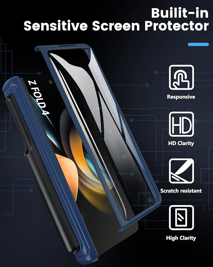 Viaotaily Galaxy Z Fold 4 Case with Card Holder & S Pen Slot & Hinge Protection & Kickstand, Built-in Screen Protector & Slide Camera Lens Cover, Shockproof Case for Samsung Z Fold 4 5G 2022 (Blue)